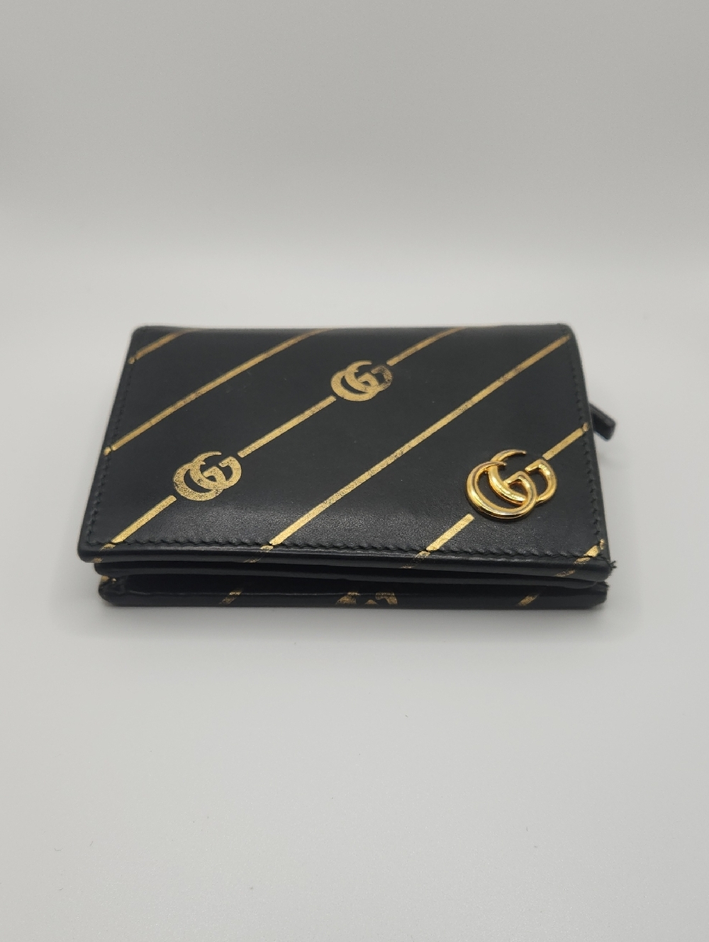 Gucci Marmont Black Leather GG Logo Wallet with Gold Stripe Print